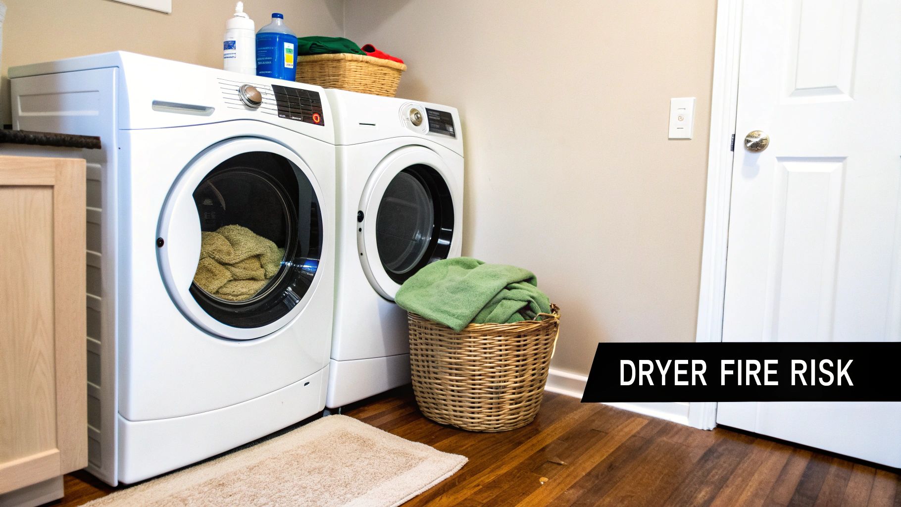 A laundry room scene showing a white dryer with its door open, green towels inside, and a 'DRYER FIRE RISK' warning.