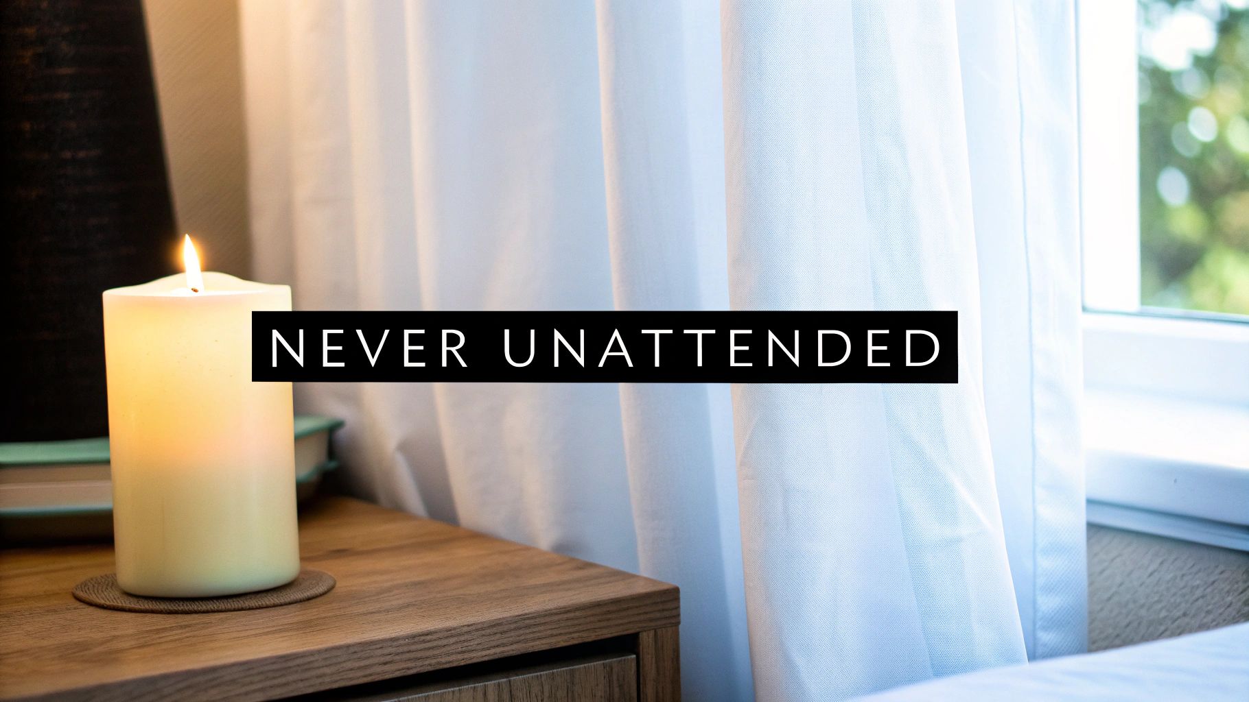 A glowing candle on a wooden nightstand, next to white curtains and a window, with a &#39;NEVER UNATTENDED&#39; warning.