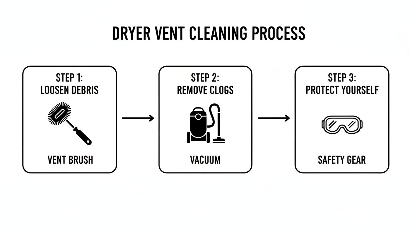An infographic showing a three-step dryer vent cleaning process using a brush, vacuum, and safety gear.
