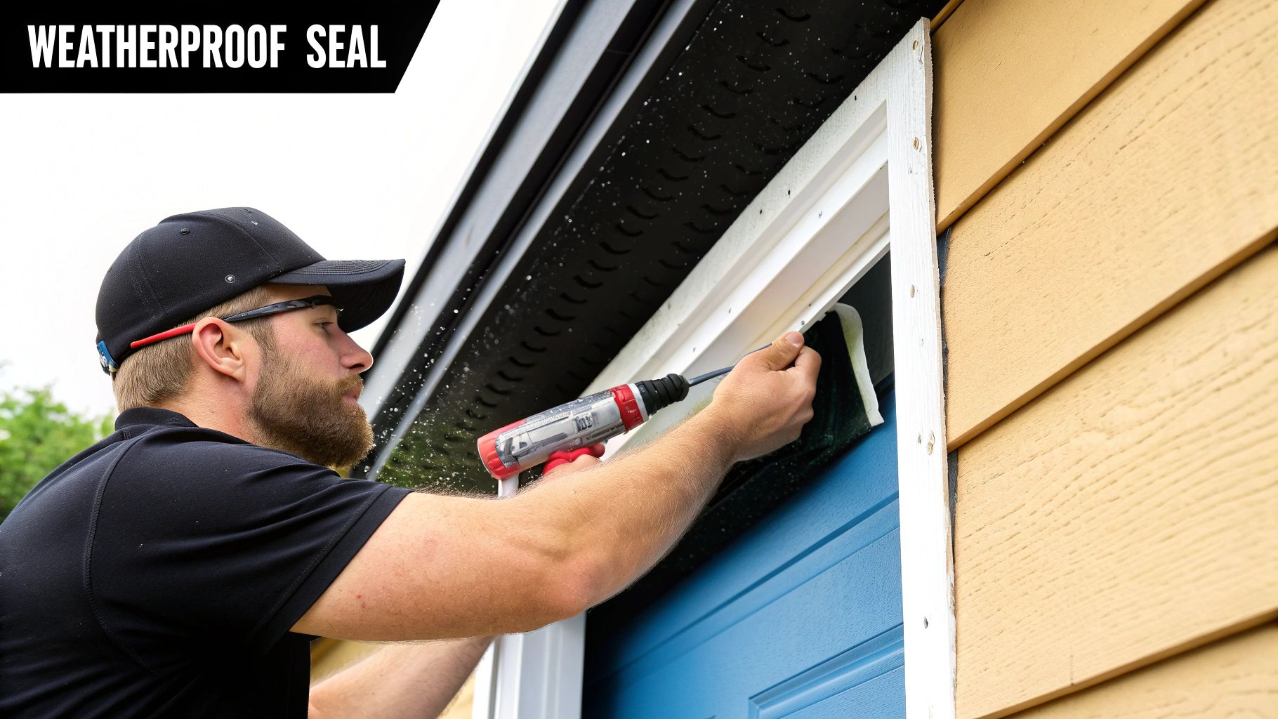 A worker applies a weatherproof sealant around the white frame of a blue garage door.