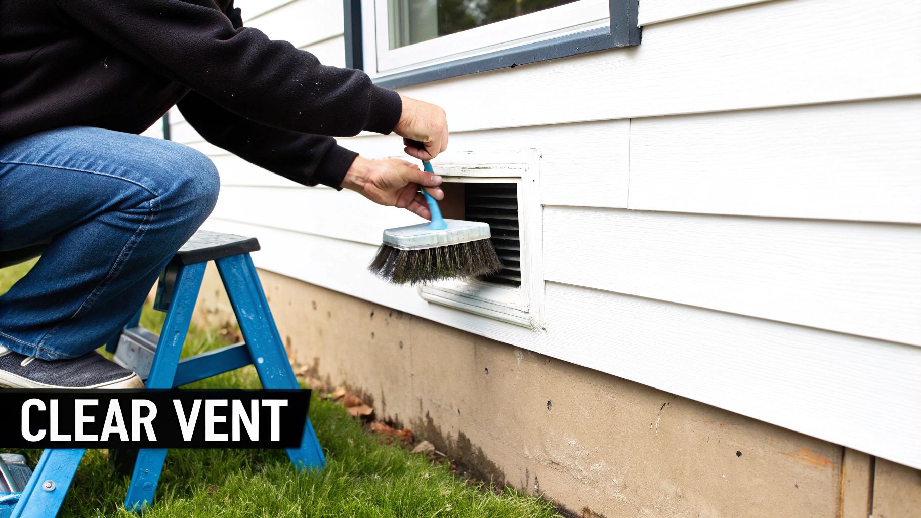 A person on a blue step stool cleans a dirty exterior dryer vent on a white house with a brush.