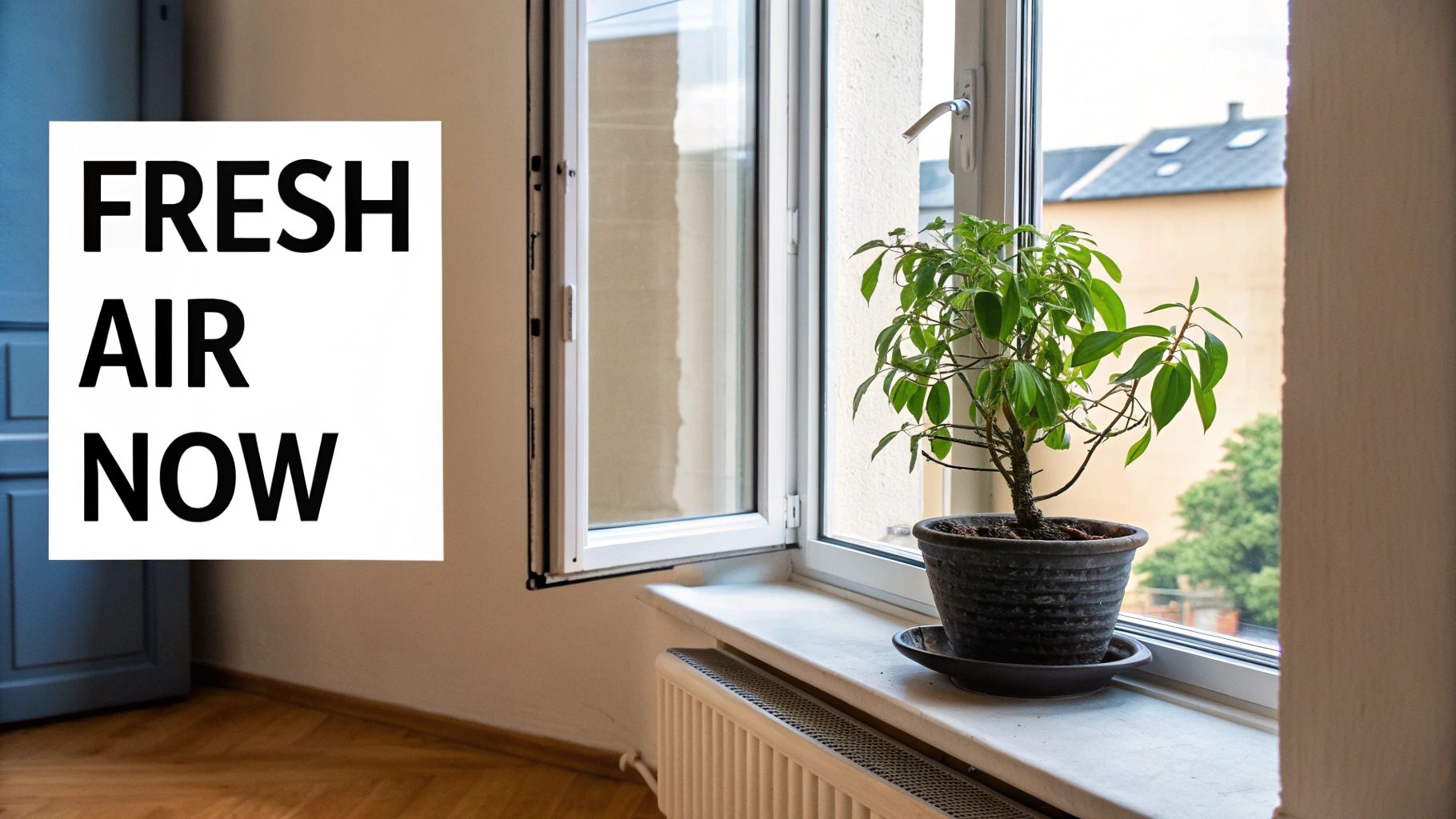 A potted plant on a windowsill next to an open window, with a sign reading 'FRESH AIR NOW'.