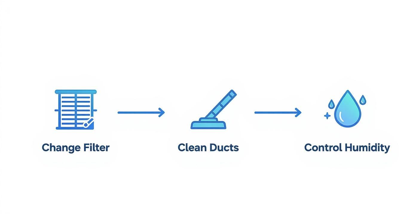 A three-step diagram with icons and arrows: change filter, clean ducts, control humidity.