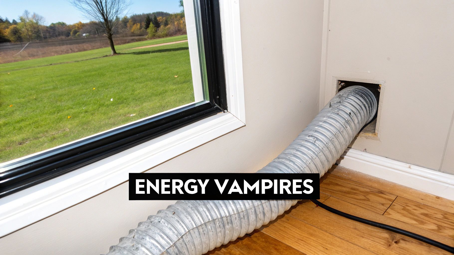 A silver dryer vent hose extends from a wall opening next to a window overlooking a green yard.
