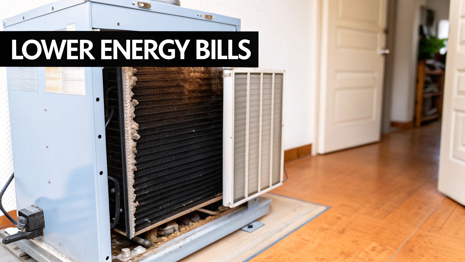 A close-up of a dirty and partially frozen air conditioning evaporator coil, suggesting maintenance for lower energy bills.