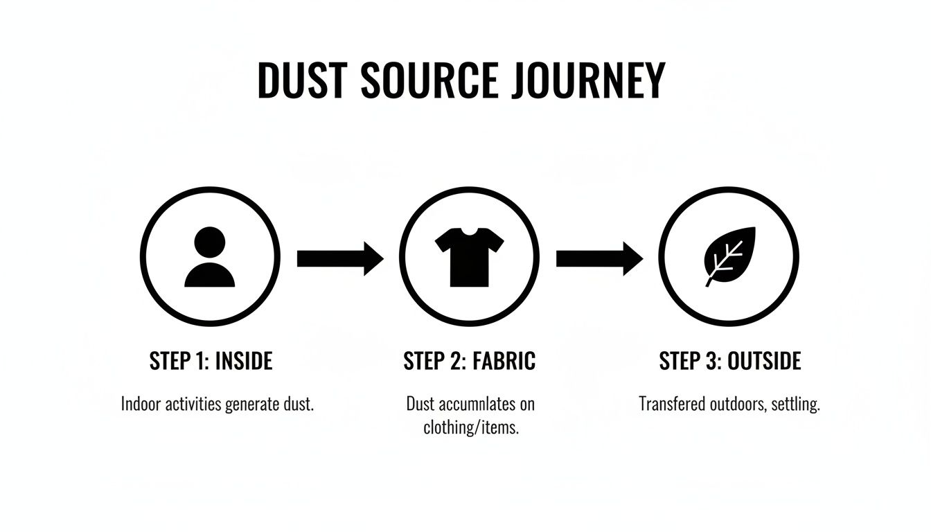 Diagram illustrating the journey of dust from inside, to fabric, then settling outdoors.