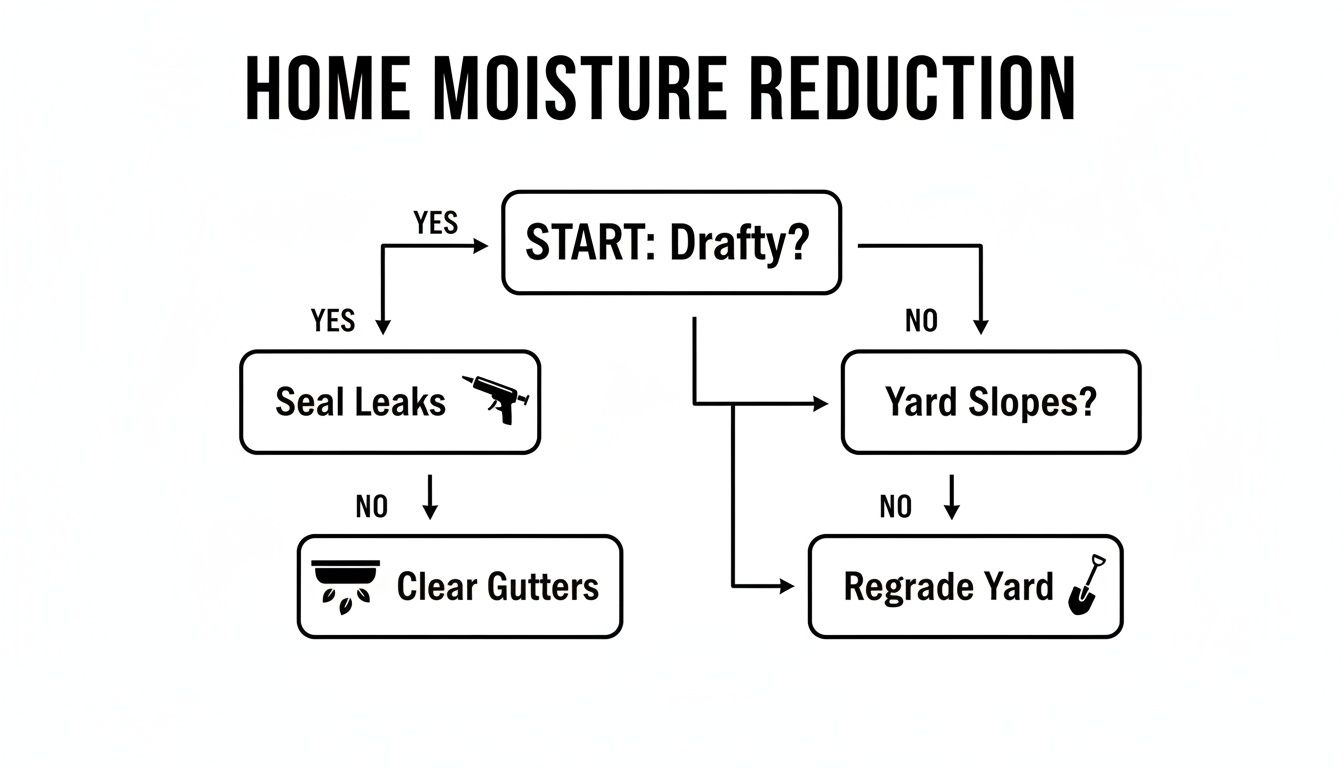Flowchart illustrating steps for home moisture reduction, covering drafts, sealing leaks, clearing gutters, and regrading yard.