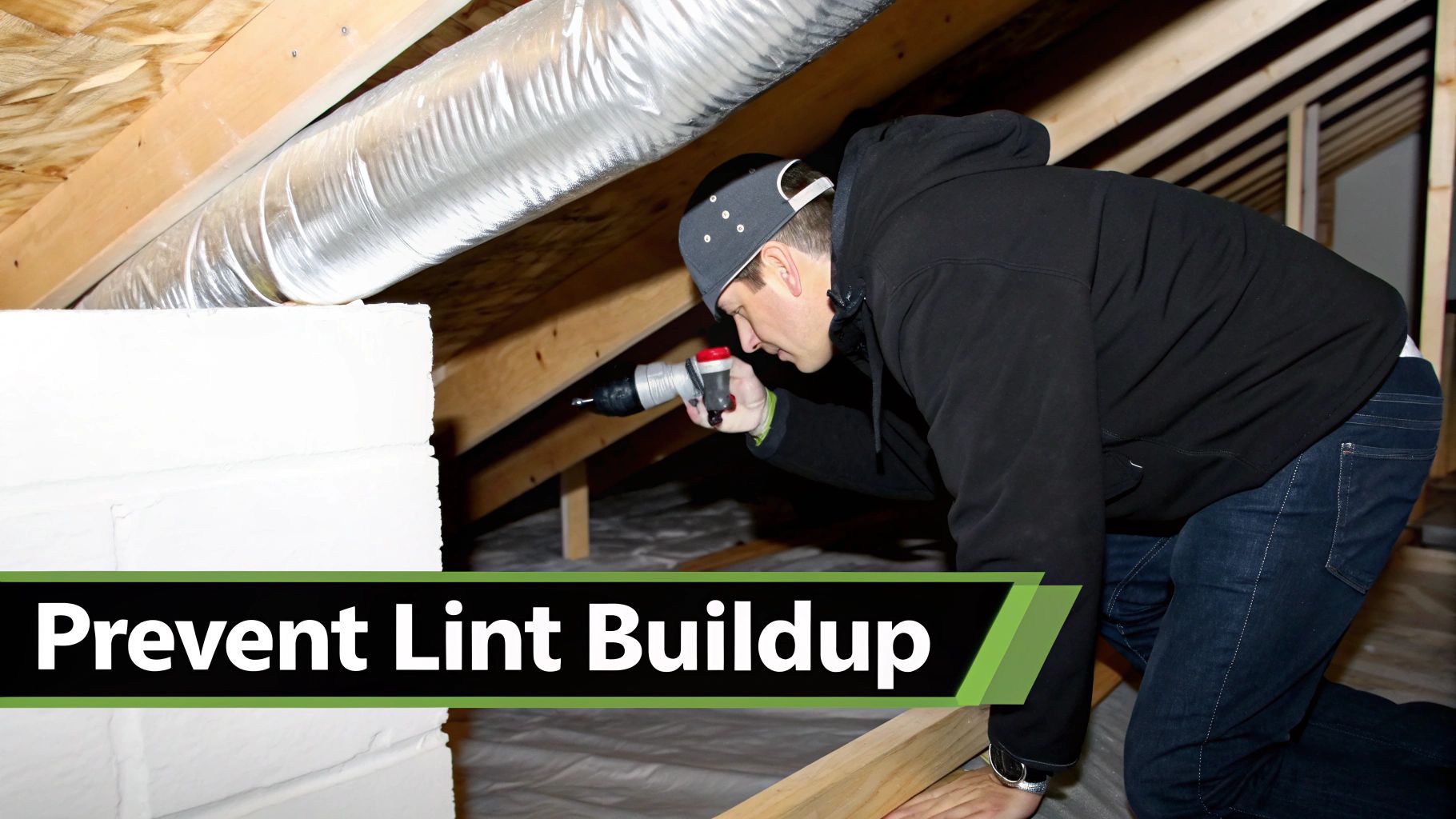 A man in an attic inspects a dryer vent duct with a tool, relating to preventing lint buildup.