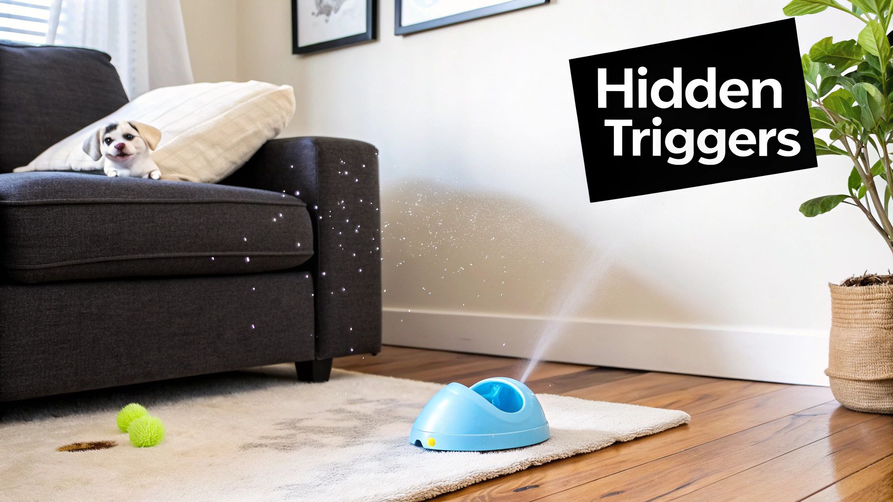 A living room with a puppy on a couch, a humidifier misting, dust particles, and a 'Hidden Triggers' sign.