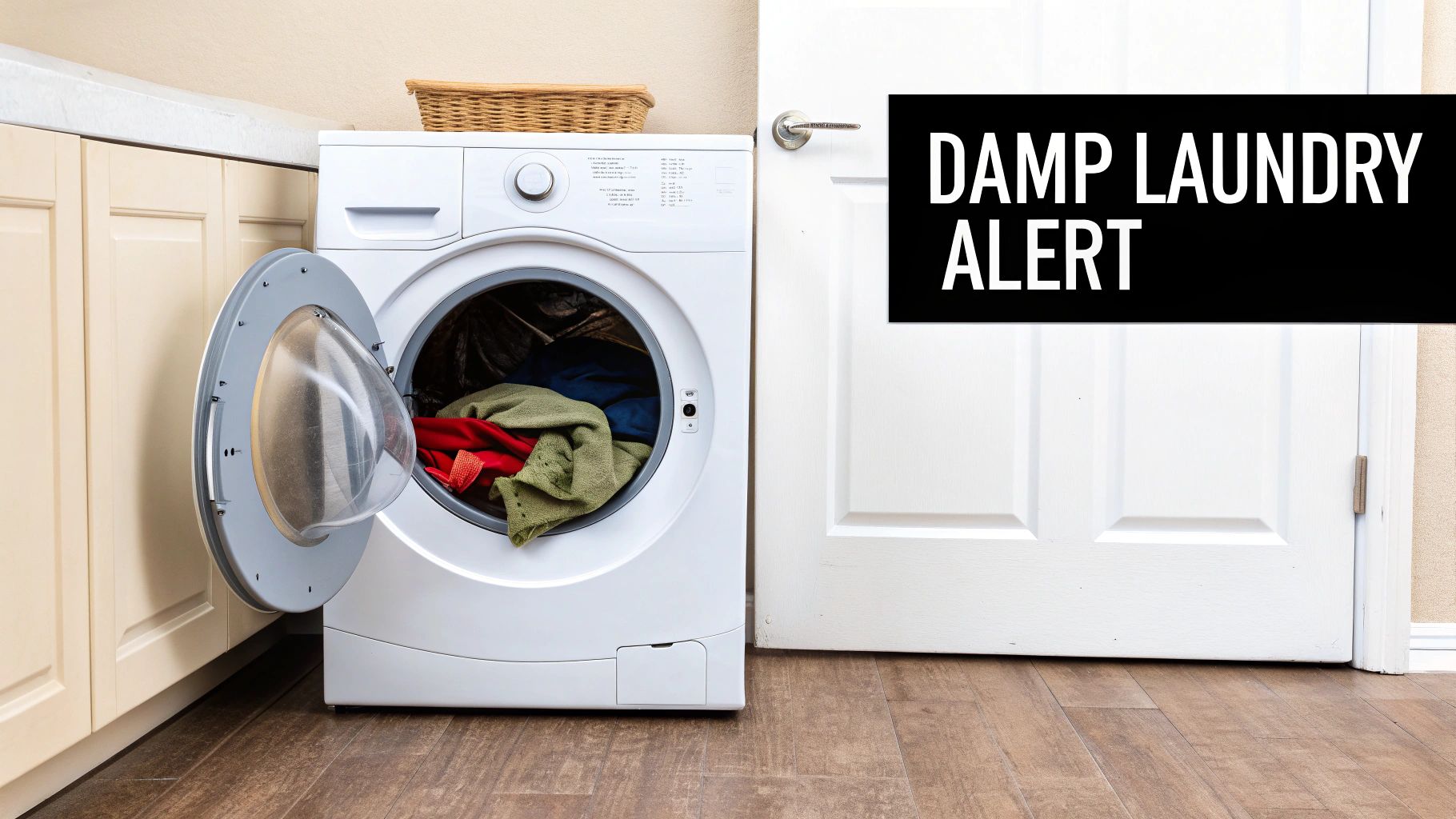 A front-load washing machine with its door open, full of damp clothes, next to a 'DAMP LAUNDRY ALERT' sign.