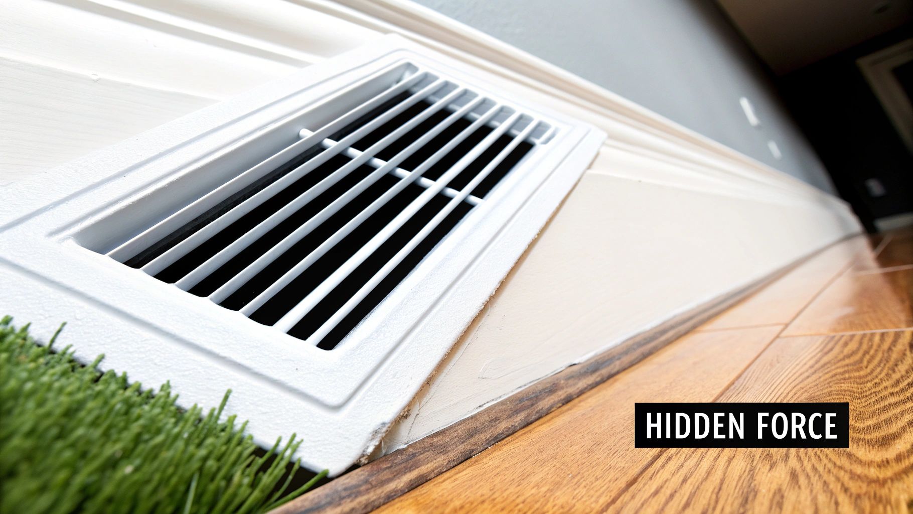 A white HVAC air vent on a baseboard, with wooden flooring and a text overlay 'HIDDEN FORCE'.