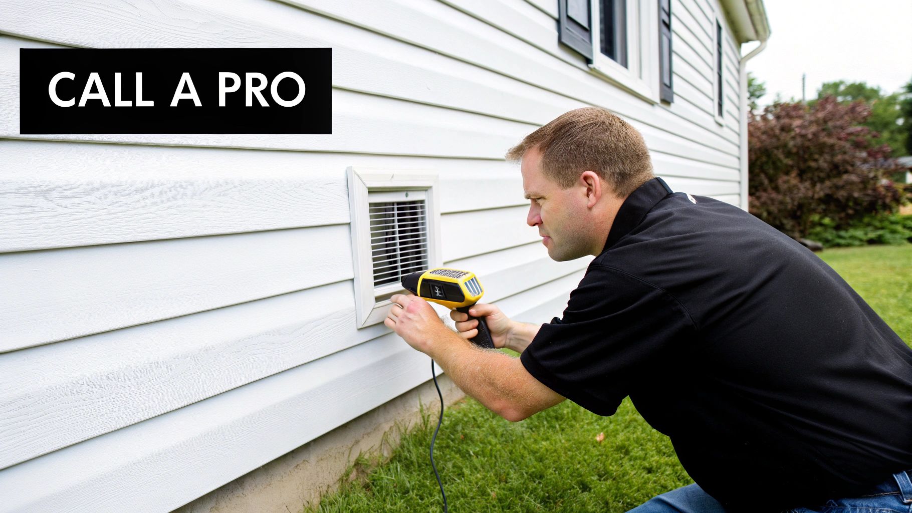 A professional inspecting a dryer vent on a white house with a handheld tool, alongside a 'CALL A PRO' sign.