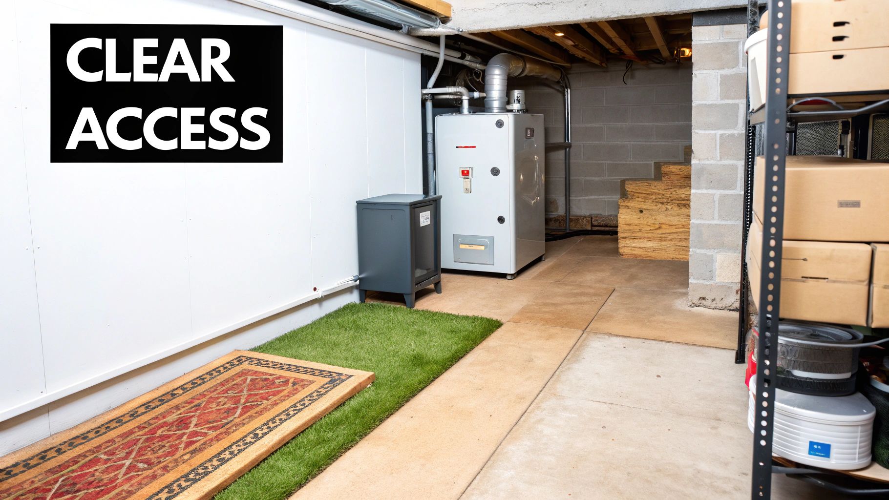 A clean, organized basement with a water heater, storage shelves, and a &quot;CLEAR ACCESS&quot; sign on a white wall.