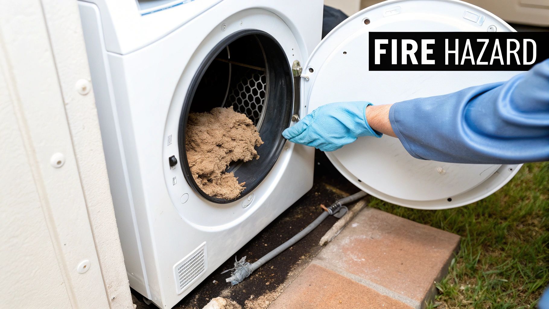 A gloved hand removes a massive amount of dangerous lint build-up from a dryer, posing a fire hazard.
