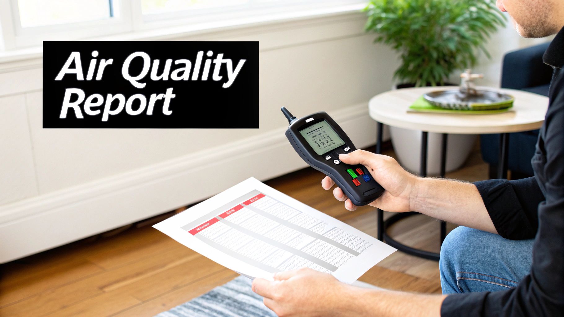 A person uses an air quality monitor while reviewing an Air Quality Report in a home setting.
