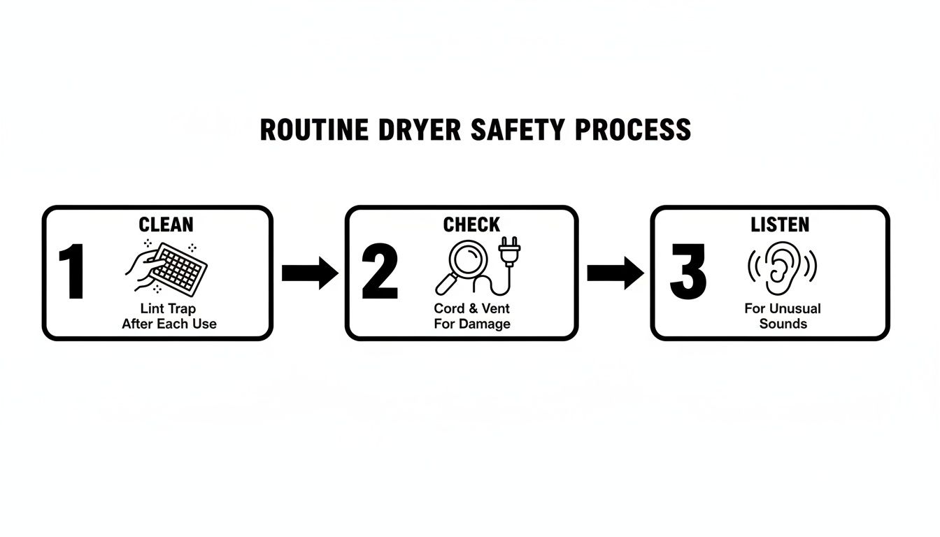 Infographic illustrating a routine dryer safety process with three steps: clean lint trap, check cord and vent, and listen for unusual sounds.