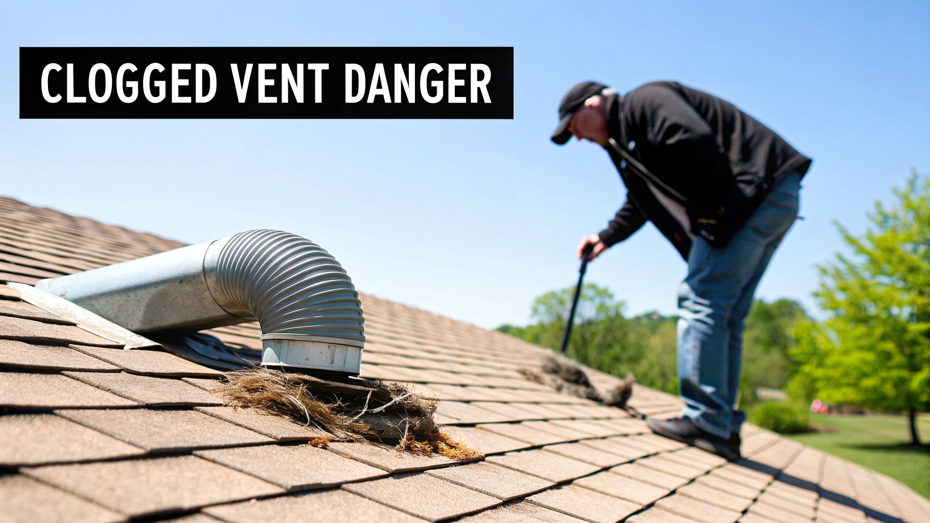 A professional cleaning a clogged dryer vent on a shingle roof, addressing safety concerns.