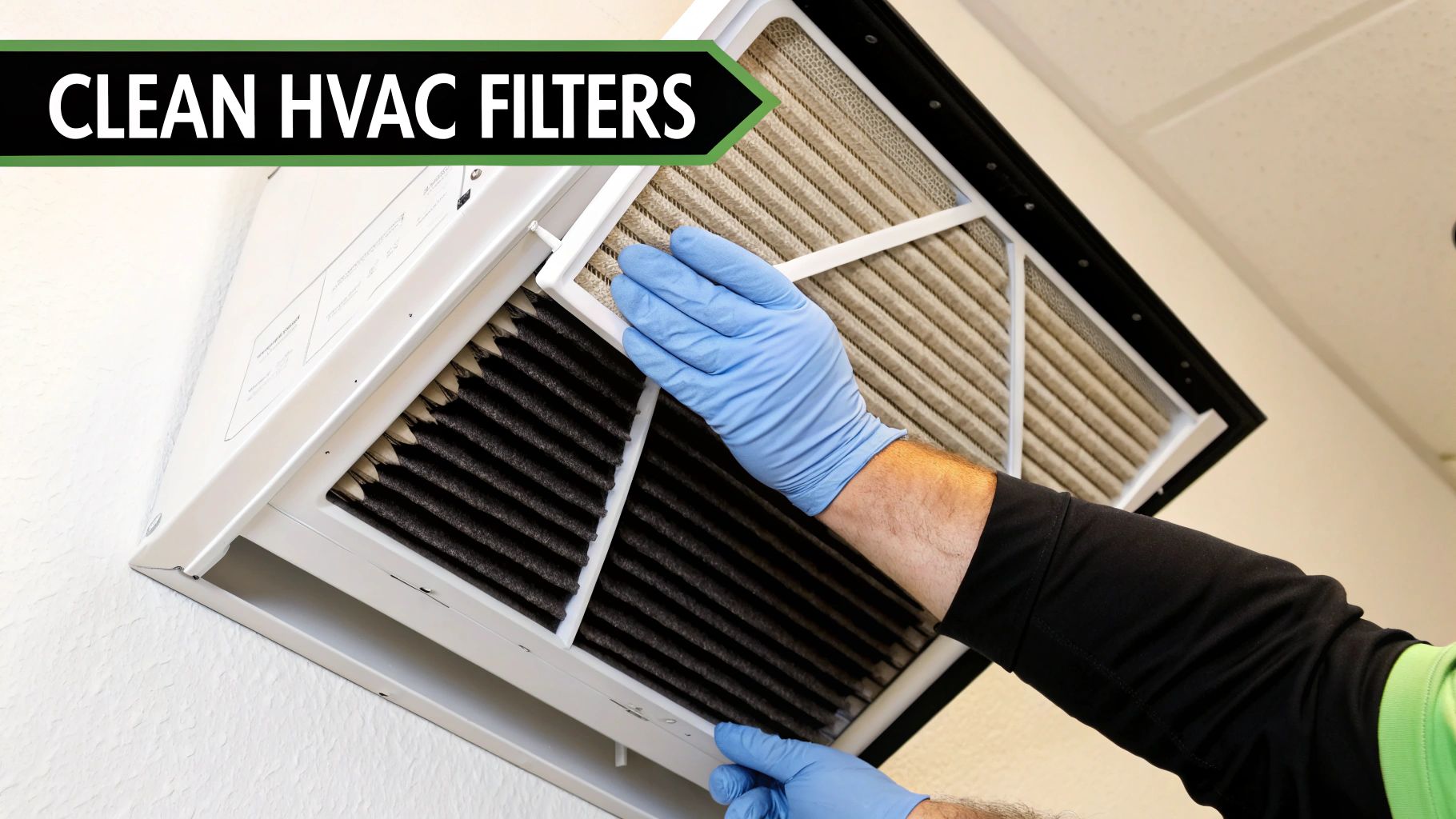 Hands in blue gloves replace a visibly dirty HVAC air filter, with "CLEAN HVAC FILTERS" text.