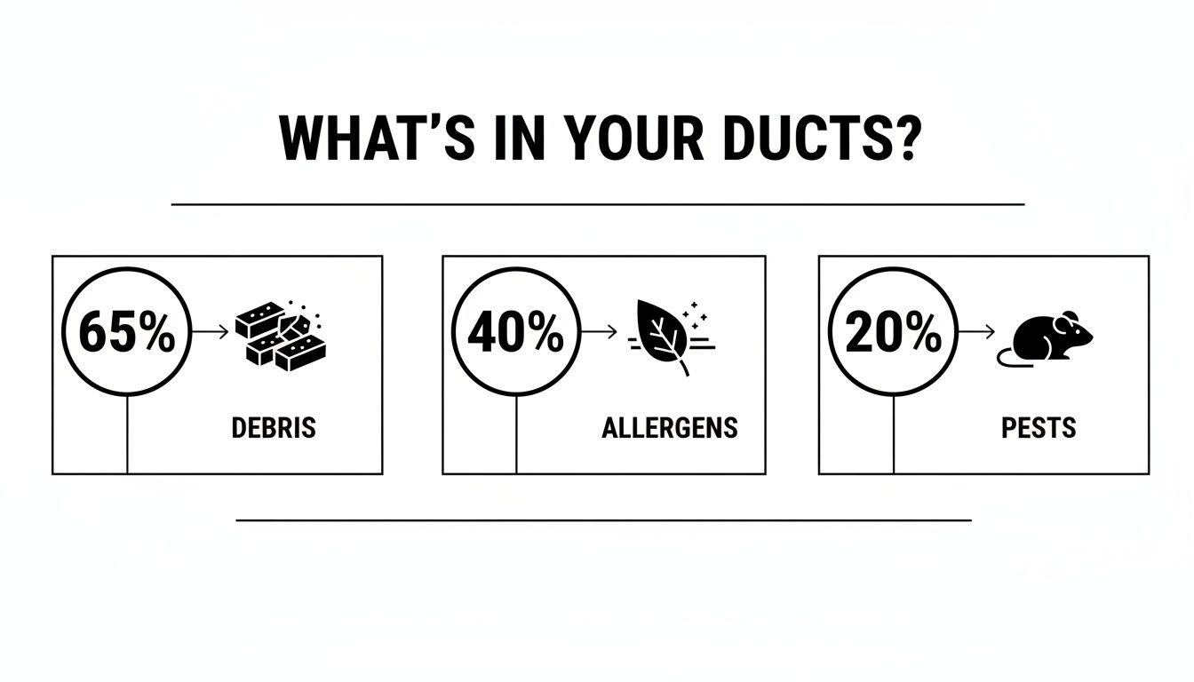 Infographic showing percentages of common contaminants found in air ducts: debris, allergens, and pests.