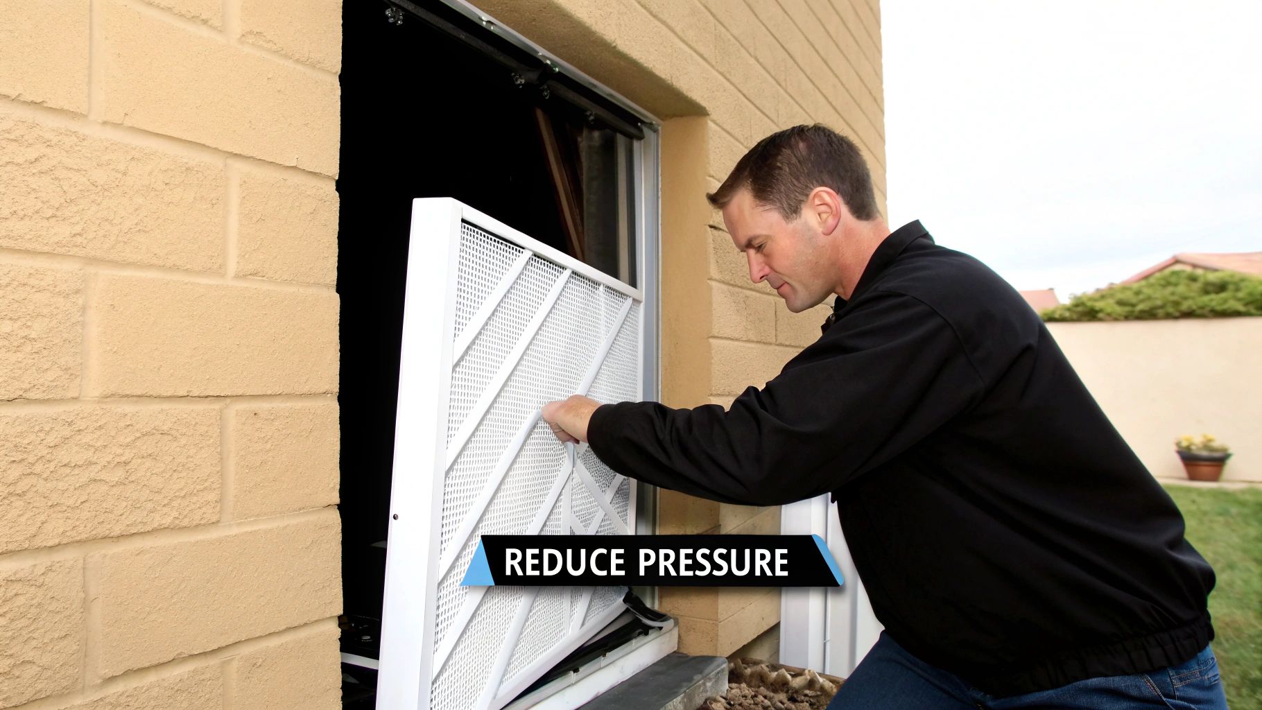 A man in a black jacket installing a white perforated screen into a window opening on a tan brick wall.