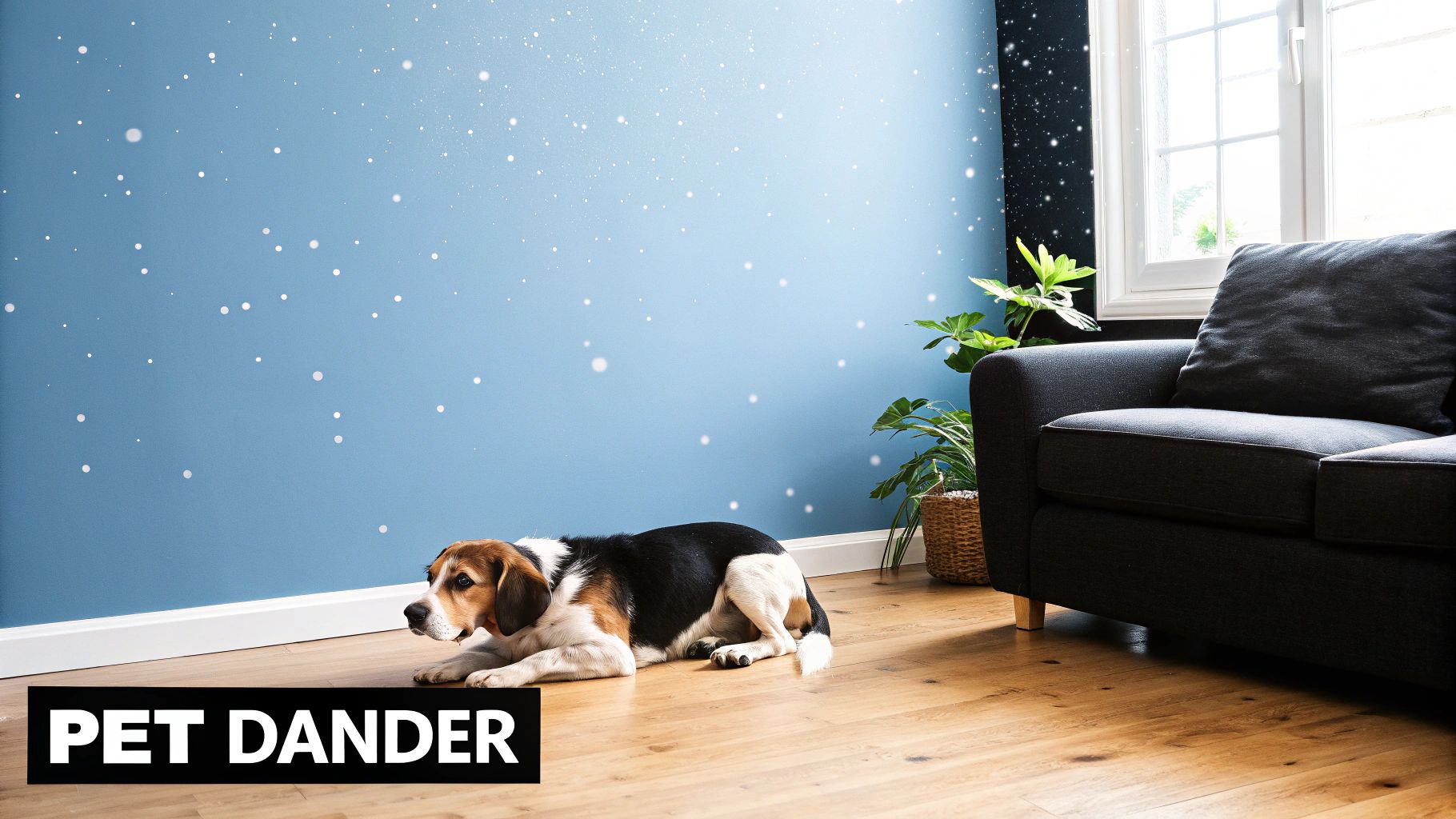 A beagle dog rests on a wooden floor in a cozy room with blue walls and a dark grey sofa.