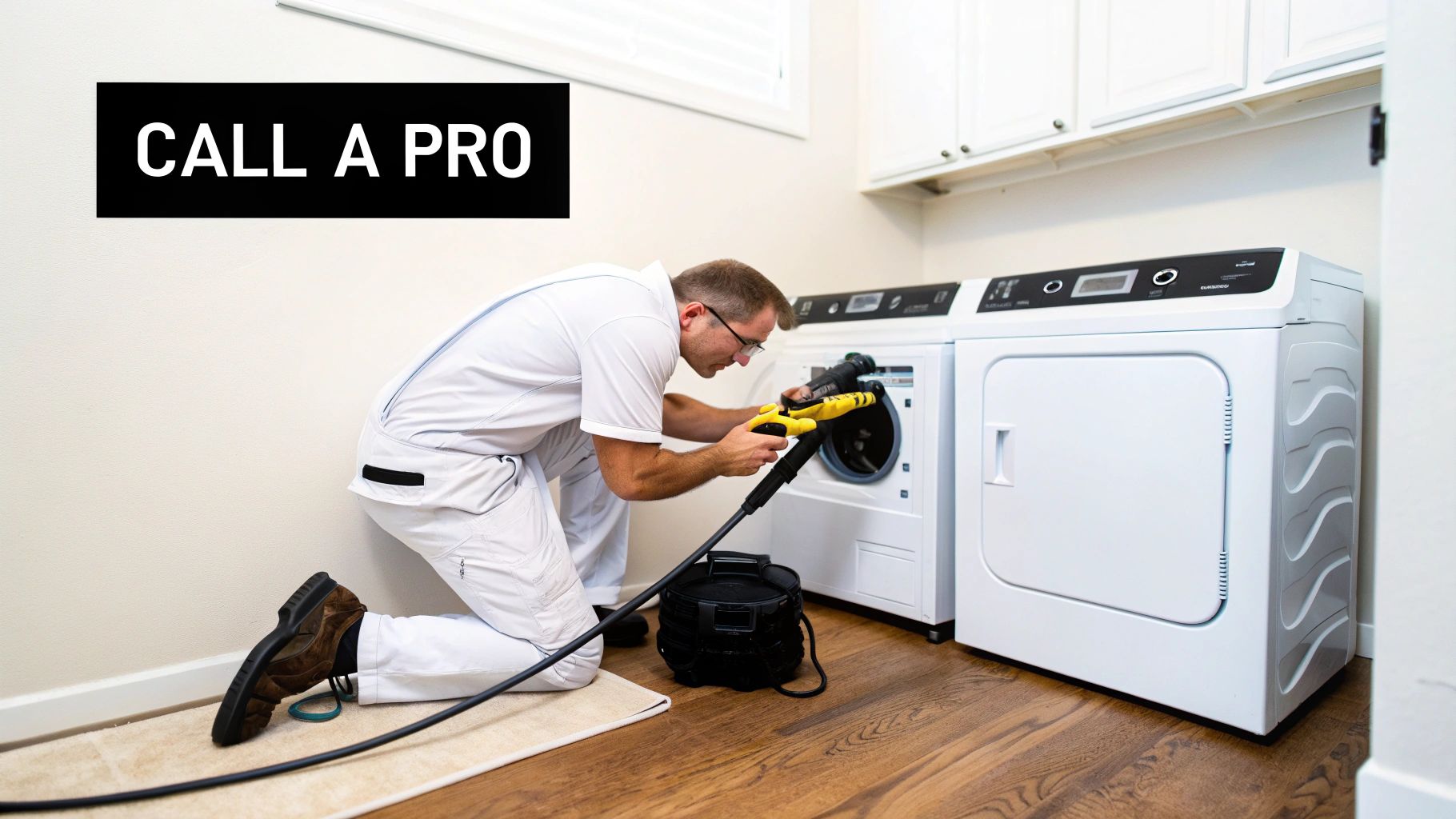 A professional technician cleaning a washing machine or dryer vent in a bright laundry room.