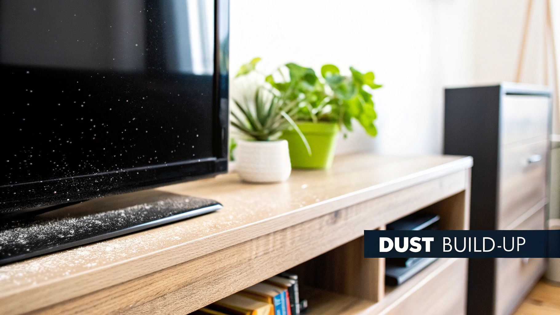 A television screen and a wooden TV stand are heavily covered in a thick layer of dust.