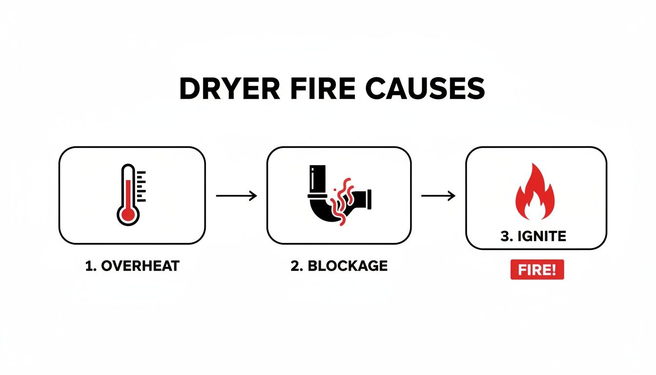 A diagram illustrates dryer fire causes: 1. Overheat (thermometer), 2. Blockage (smoking pipe), 3. Ignite (fire).