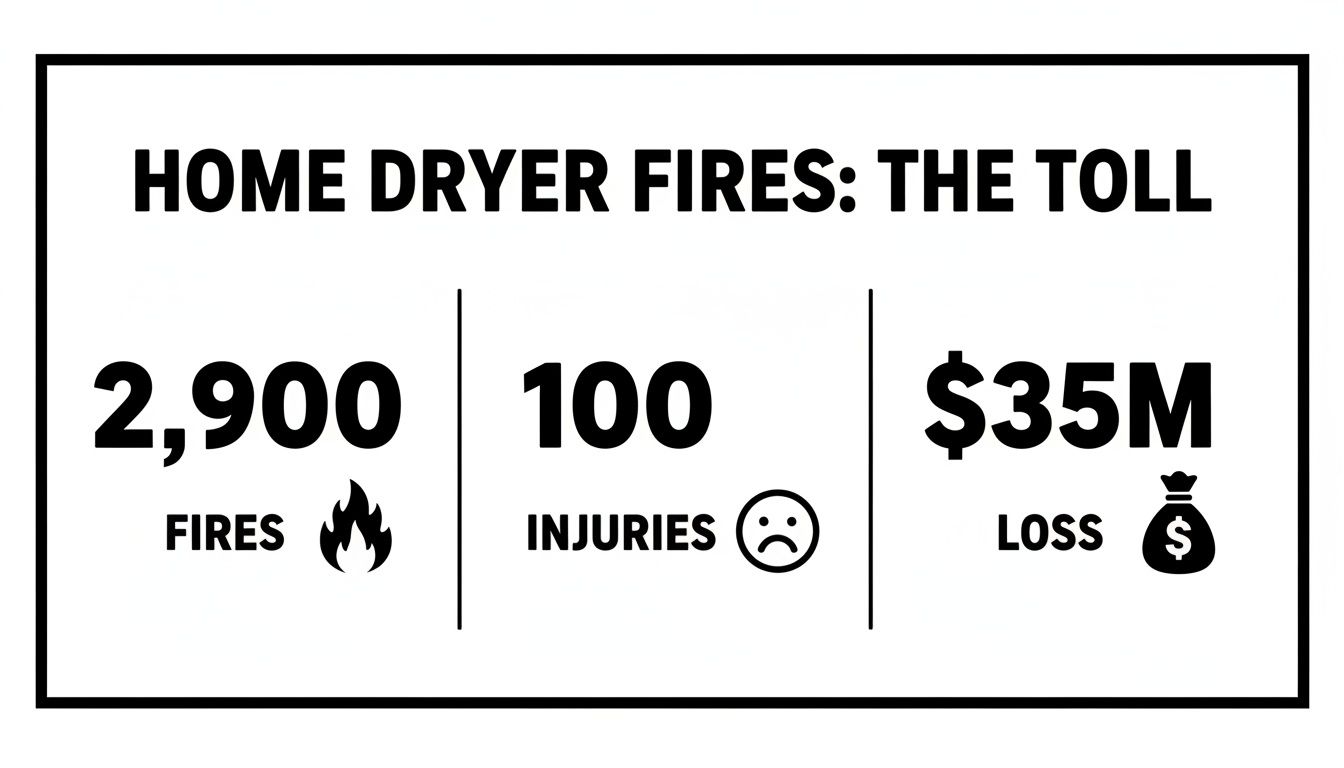 Infographic showing home dryer fire statistics: 2,900 fires, 100 injuries, and $35 million in losses.