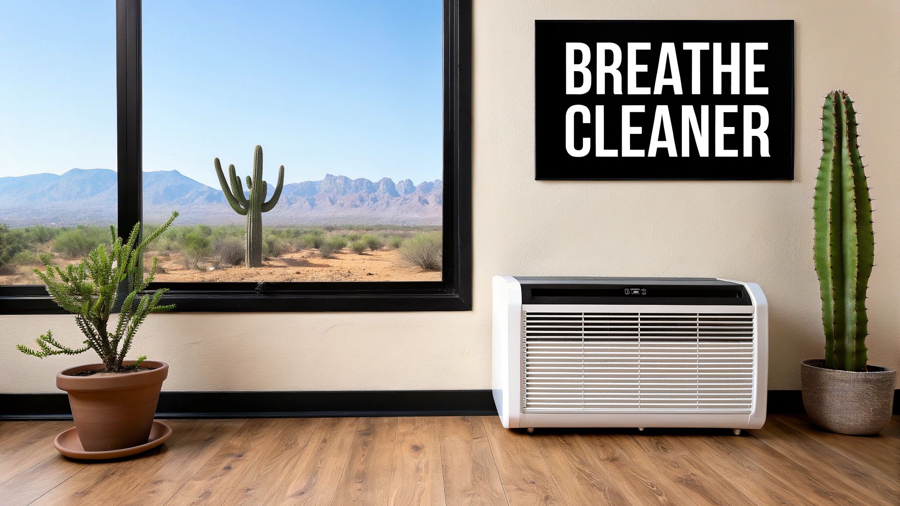 An indoor room featuring an air conditioner, plants, and a "Breathe Cleaner" sign, with a desert view.