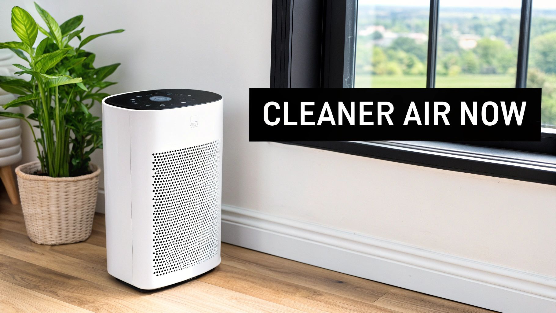 An air purifier running in a modern, clean living room.