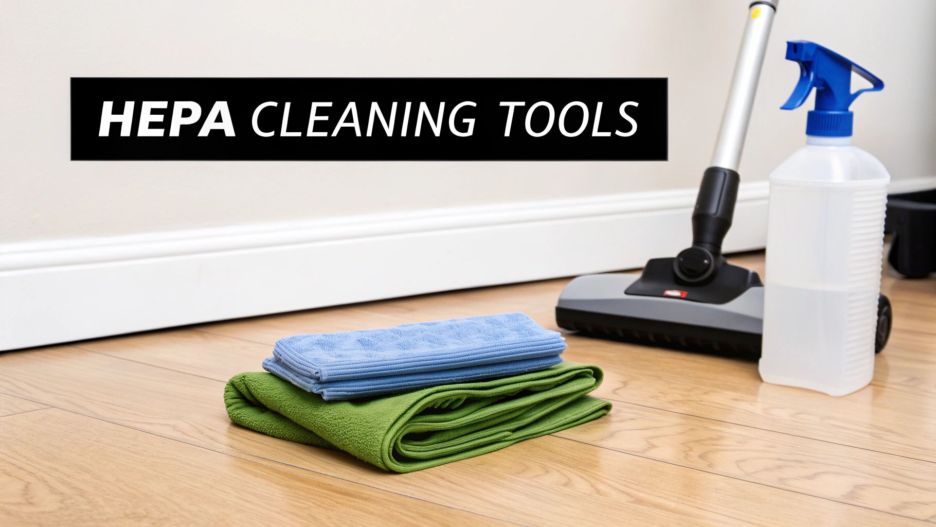 A vacuum cleaner, spray bottle, and folded microfiber cloths on a wooden floor, with text &quot;HEPA CLEANING TOOLS.&quot;