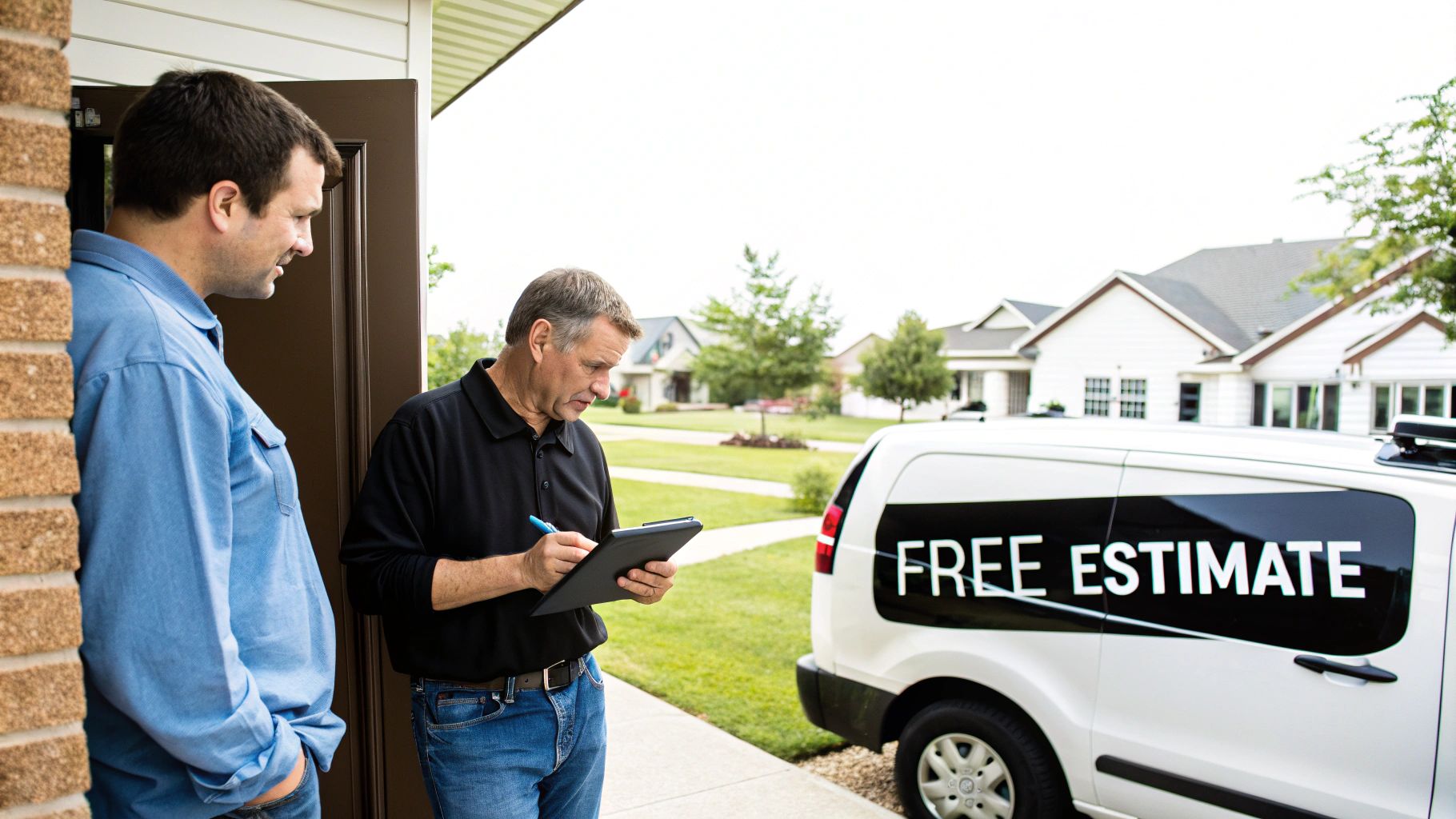 Professional technician providing free estimate to homeowner at front door with service van
