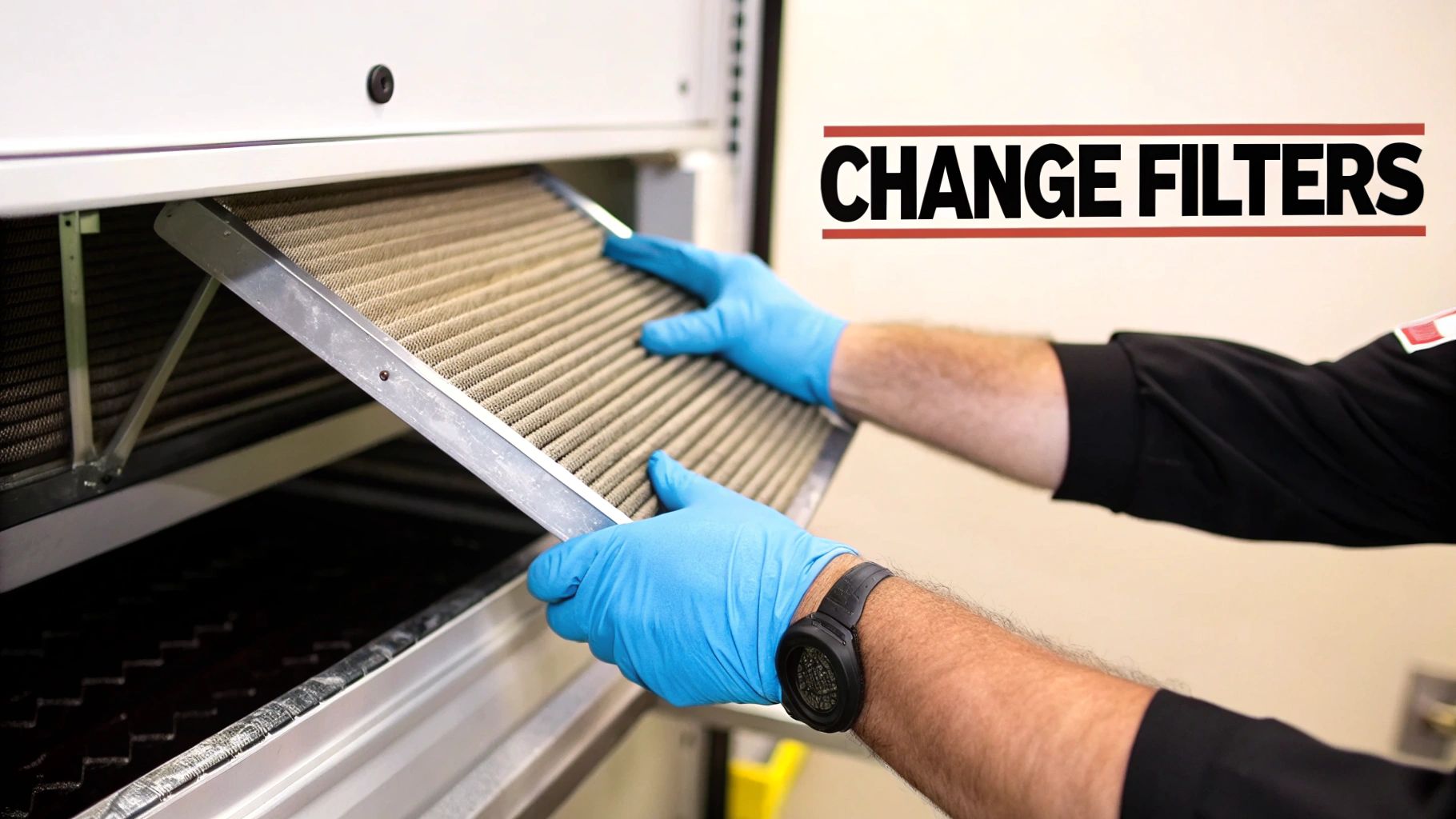 A person in blue gloves removes a dirty air filter from a commercial HVAC system, with text 'CHANGE FILTERS'.