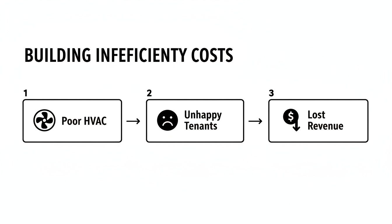 A flowchart illustrates building inefficiency costs: Poor HVAC leads to Unhappy Tenants, resulting in Lost Revenue.