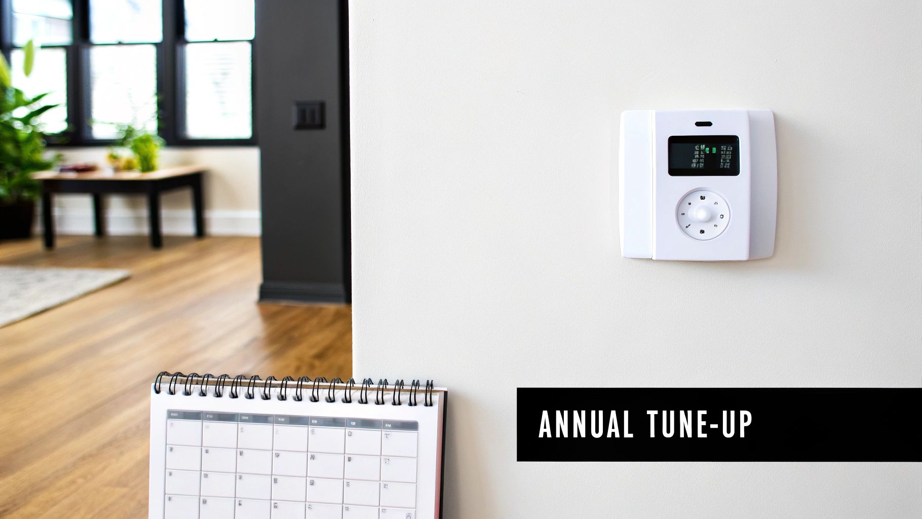 A white HVAC thermostat on a wall, with a calendar in the foreground and a banner saying 'Annual Tune-up'.
