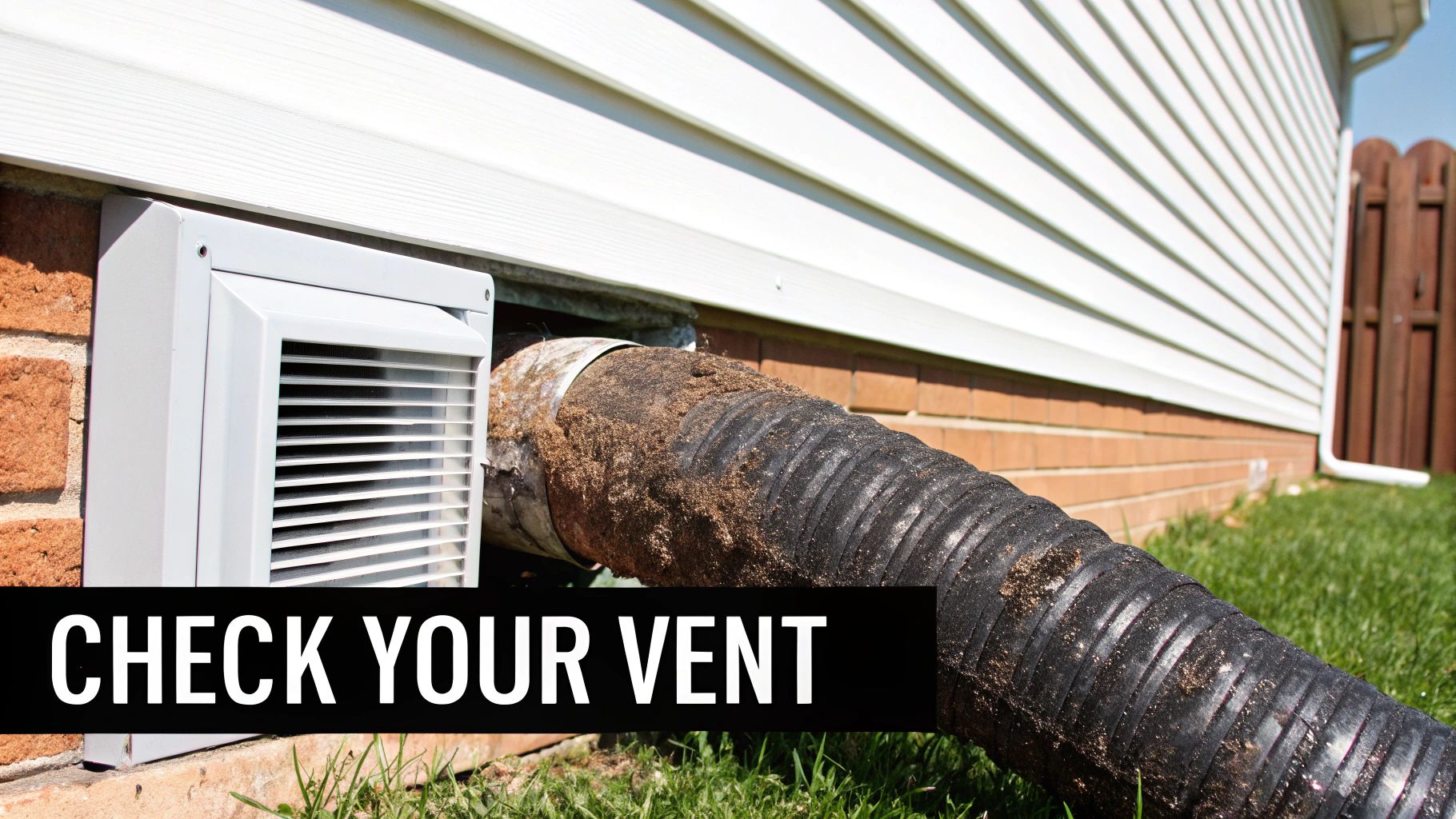 A dirty, black corrugated dryer vent hose connected to a white vent on a brick house exterior.