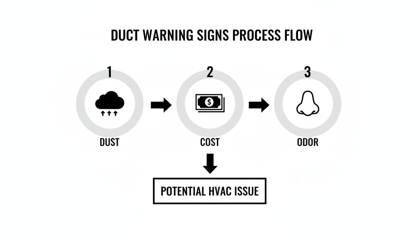 Duct warning signs process flow: dust accumulation, increased costs, and odors point to potential HVAC issues.
