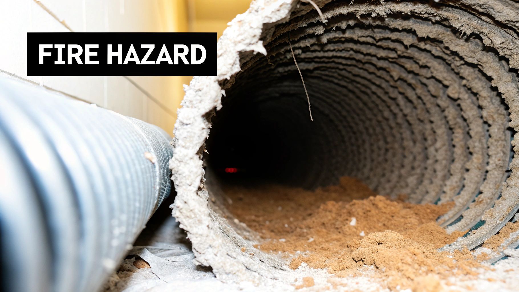 A dirty dryer vent pipe filled with accumulated lint and debris, with a 'FIRE HAZARD' warning.