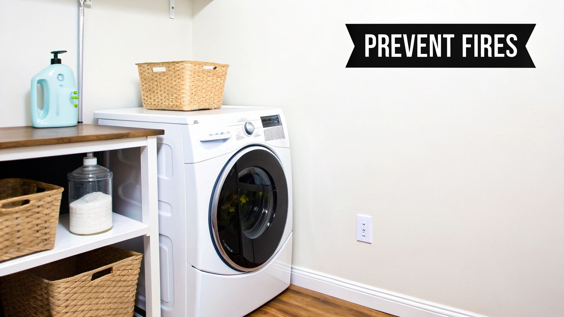 Laundry room with a washing machine, detergent, baskets, and a safety reminder on the wall.