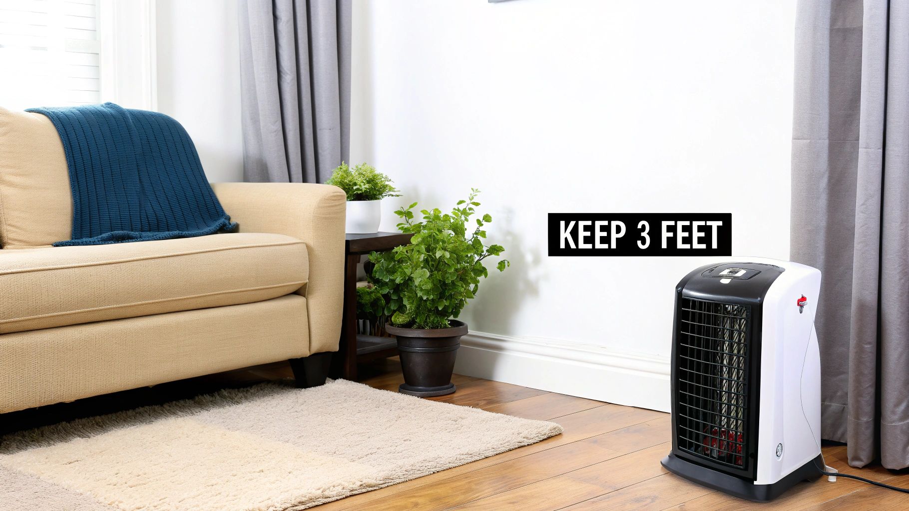 A white and black space heater on a wooden floor, next to a beige sofa, with a &#39;KEEP 3 FEET&#39; safety warning.