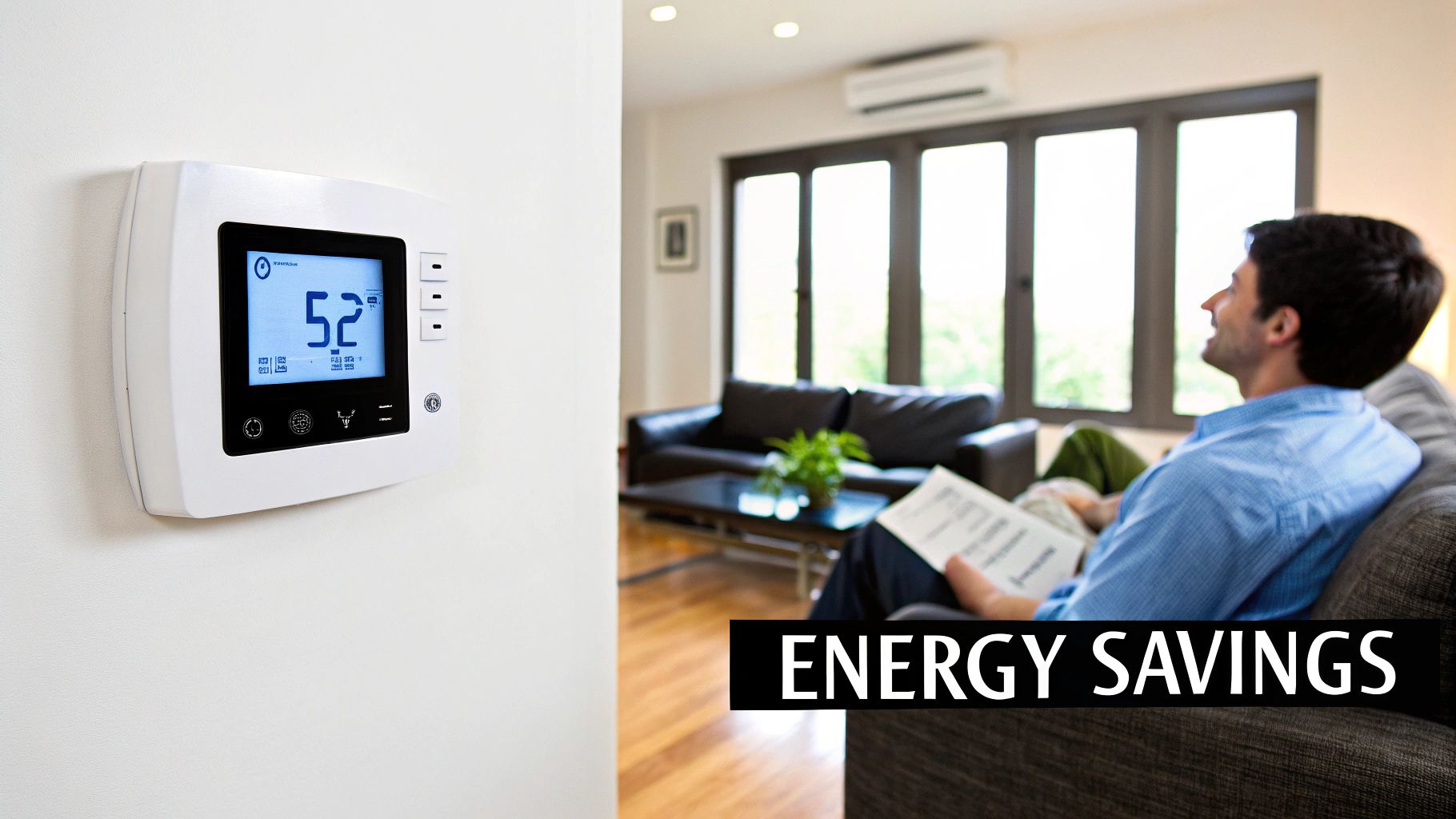 A smart thermostat on a white wall displaying 52 degrees, with a man relaxing in a living room, highlighting energy savings.