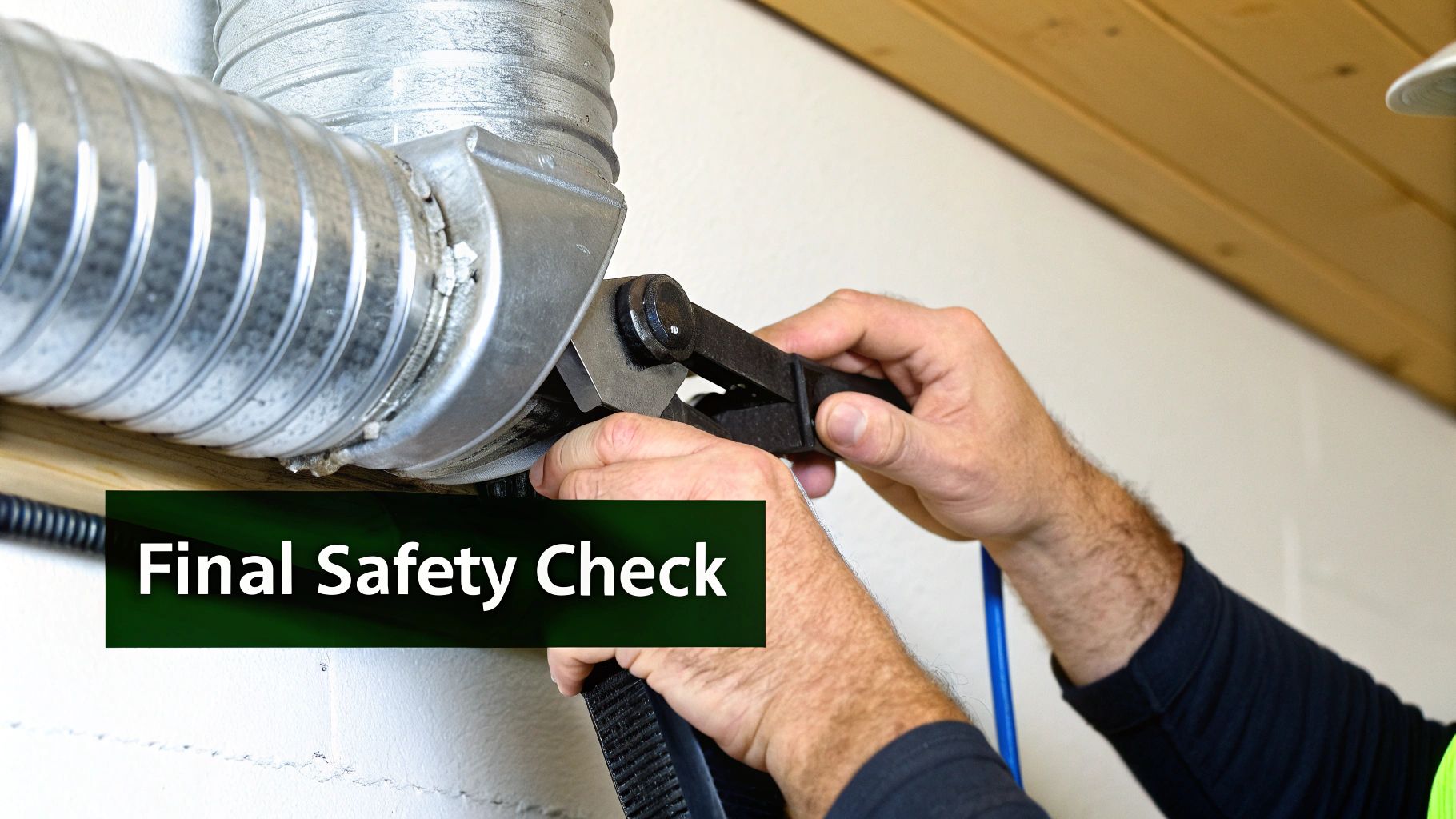 Close-up of hands using a tool to secure a metal dryer vent duct during a final safety check.