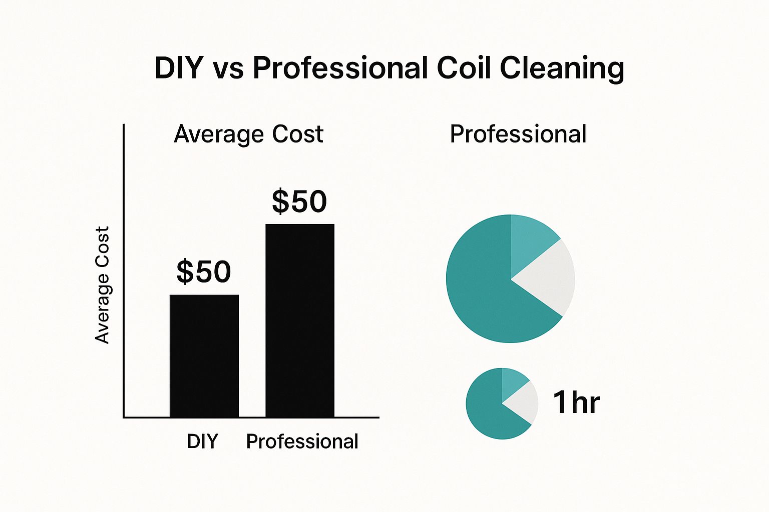infographic breaks down the average cost and time commitment, showing you a side-by-side view of DIY vs Professional coil cleaning