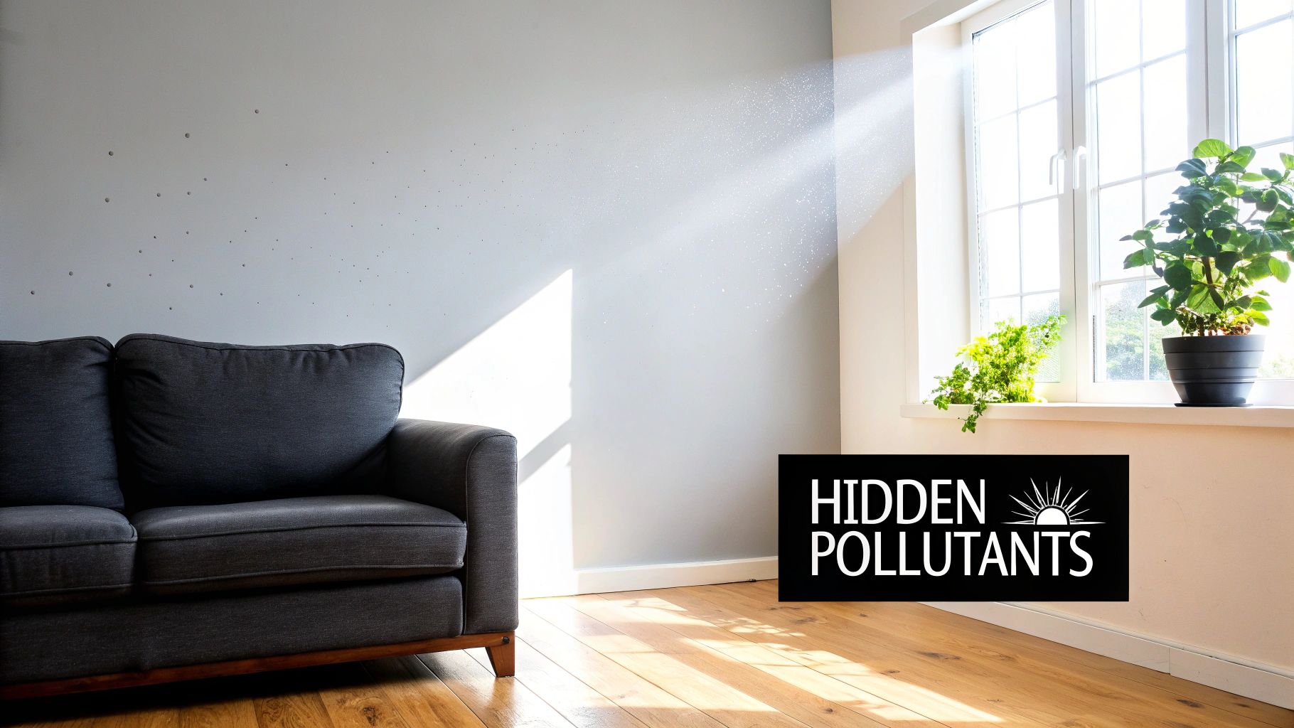 Sunlight streams into a living room, illuminating visible dust particles in the air, with a sofa, plants, and 'HIDDEN POLLUTANTS' logo.