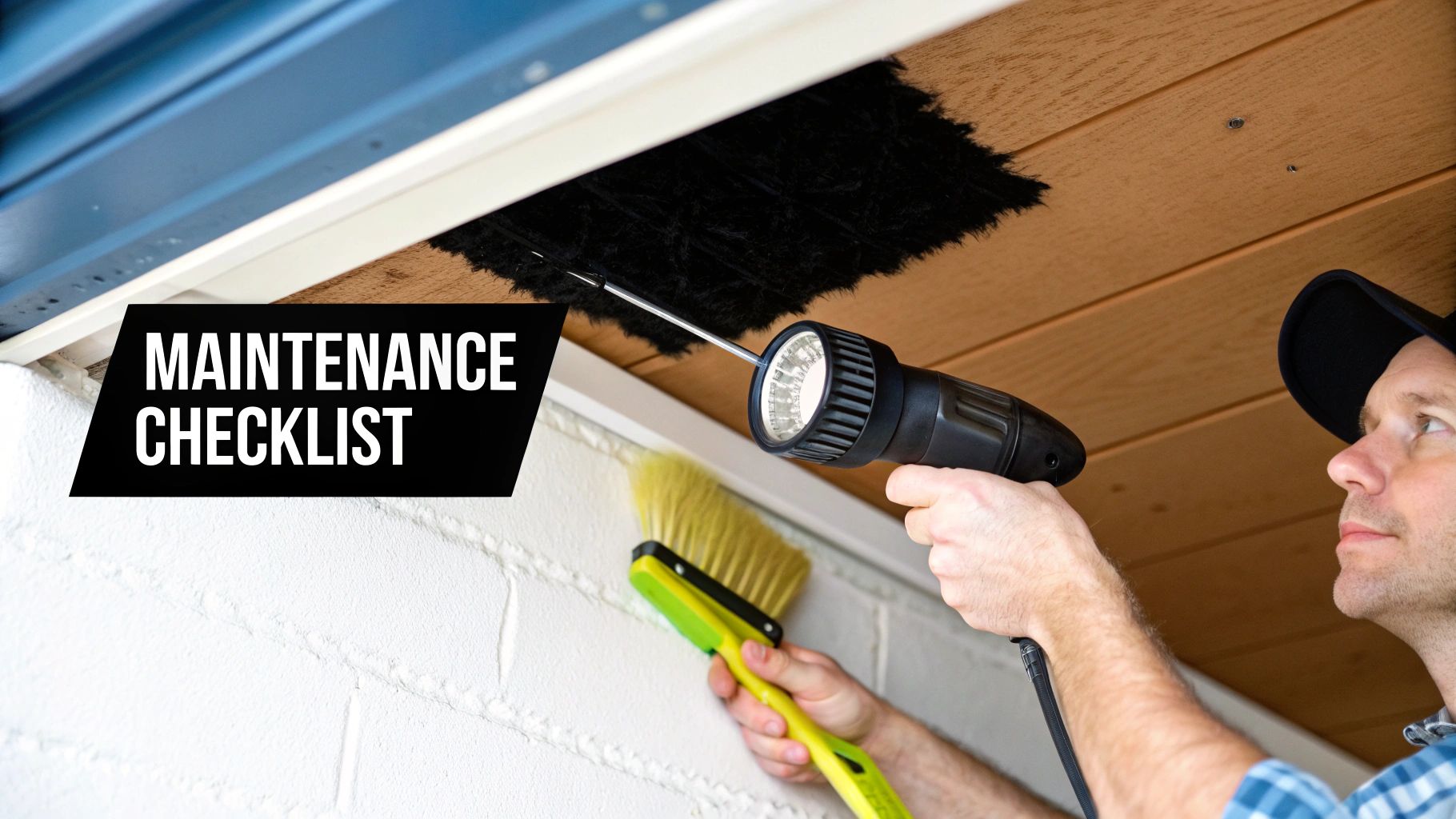 A person with a flashlight and brush inspects a ceiling opening for maintenance.