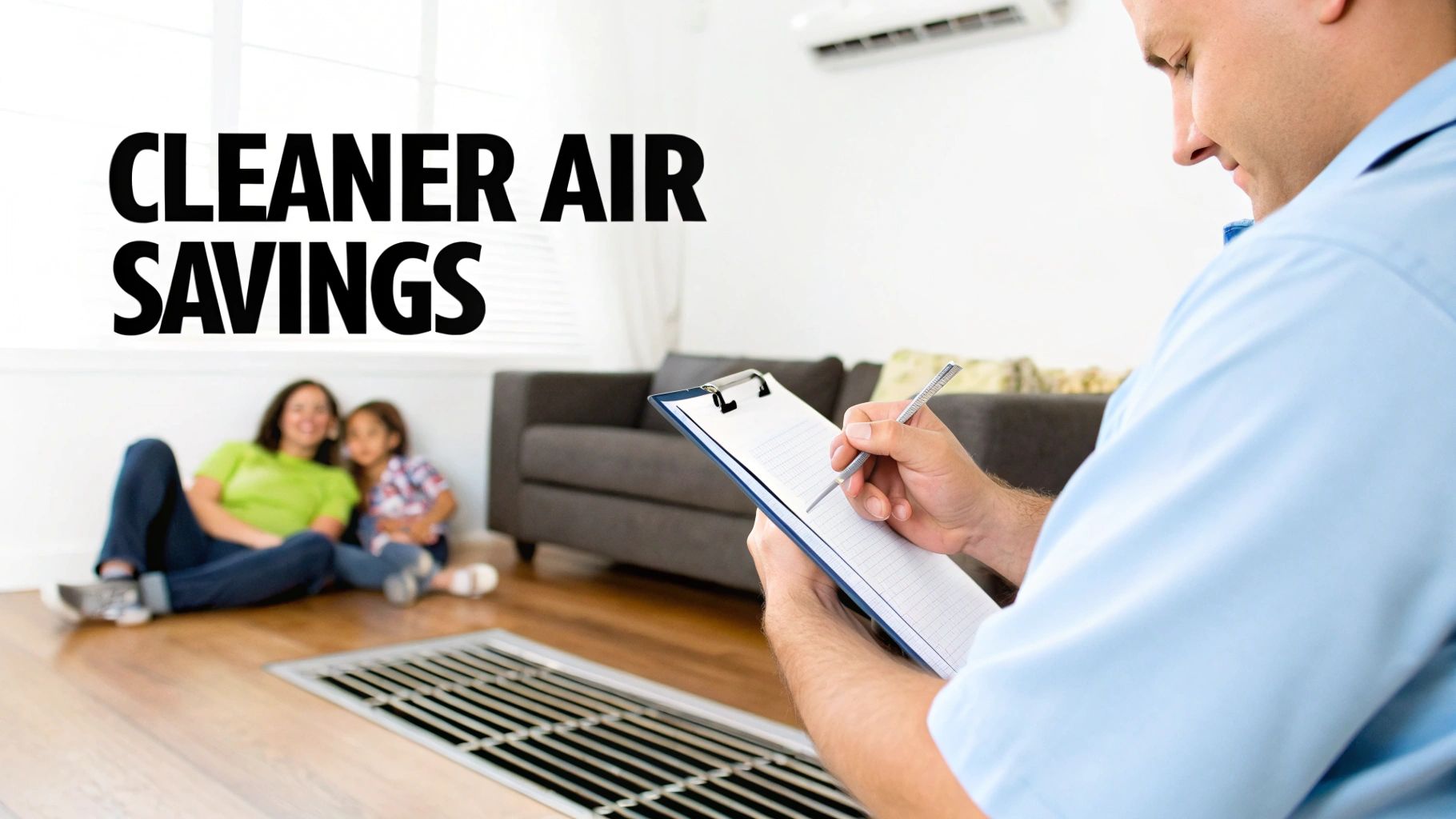 A technician inspects an air vent on the floor, while a woman and child relax in the background.