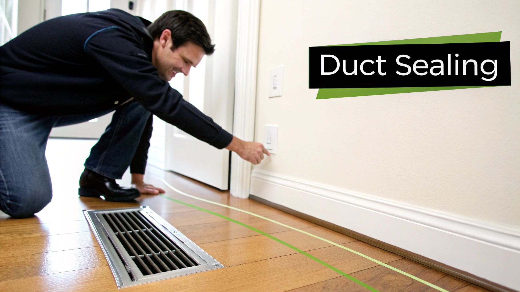 A smiling man kneels near a floor vent, pointing at a wall control, with 'Duct Sealing' text.