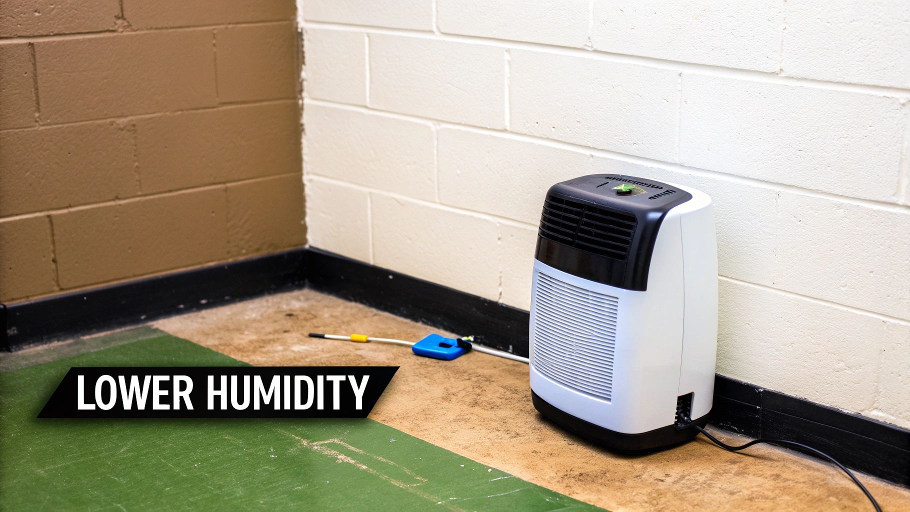 A white and black dehumidifier sits in a corner, with text 'LOWER HUMIDITY' on the image.