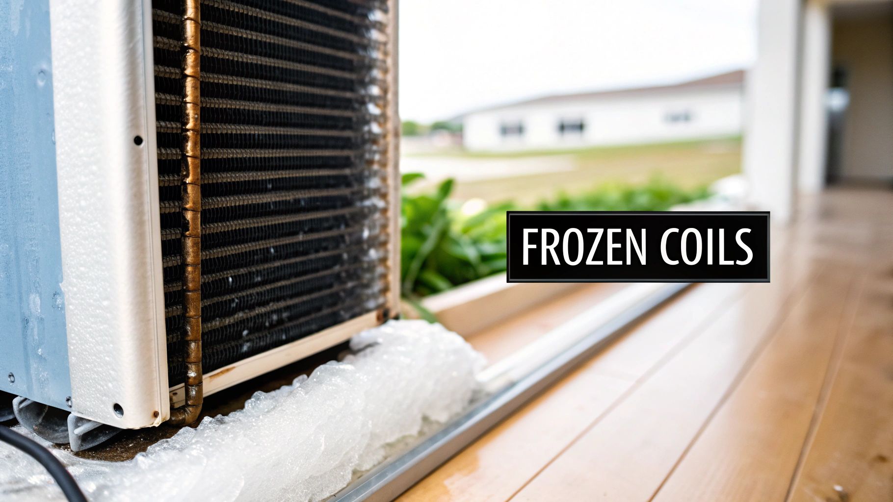 Close-up of an outdoor air conditioner unit with thick ice covering its coils and base, indicating frozen AC coils.